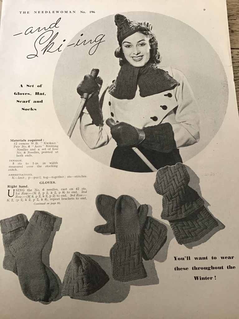 Start of knitting pattern. Page headed "- and Ski-ing". Woman with knitted hat, scarf, gloves. Separate pictures of glovesm socks, hat, scarf. Black and white.