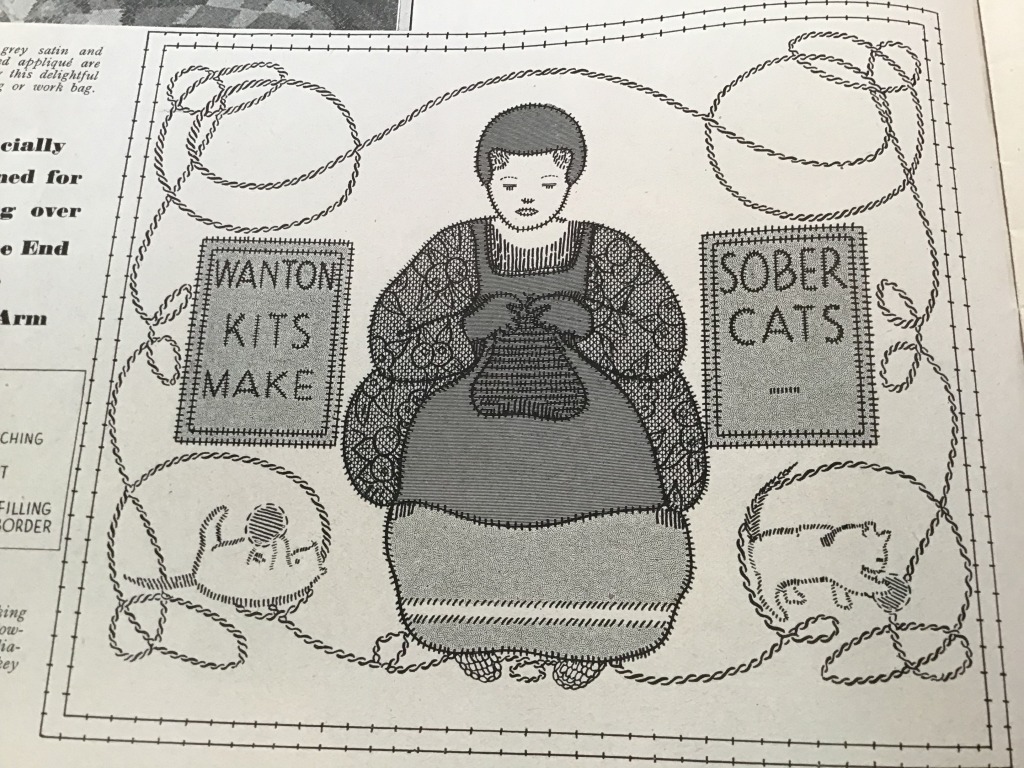 Pattern for embroidery - woman sitting between two cats. They are playing with wool. She is knitting. Signs say WANTON KITS MAKE SOBER CATS. Black and white.
