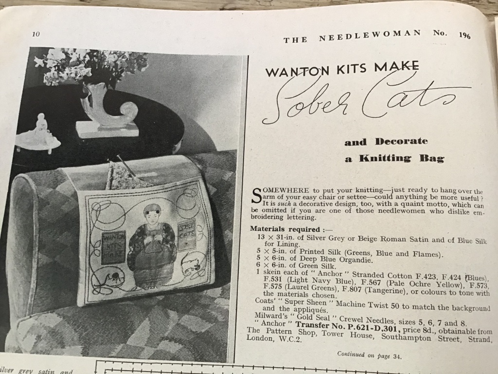 Embroidery patterm, "Wanton Kits make Sober Cats and Decorate a Knitting Bag". Start of instructions, black and white picture.