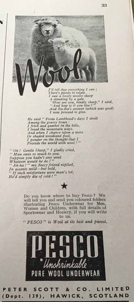 Advertisement for PESCO Unshrinkable Pure Wool Underwear. Picture of sheep, poem, logo. Poem is paraody of "I'll tell thee everything I can" from Alice.